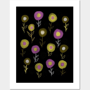 Dark Floral Pattern - Yellow Pink Round Flowers Posters and Art